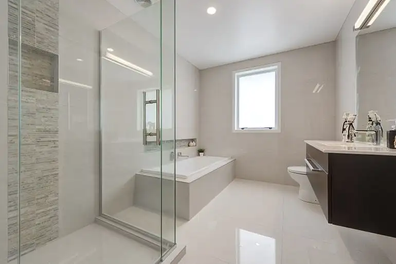The bathroom, a glass walk-in shower beside a bath.